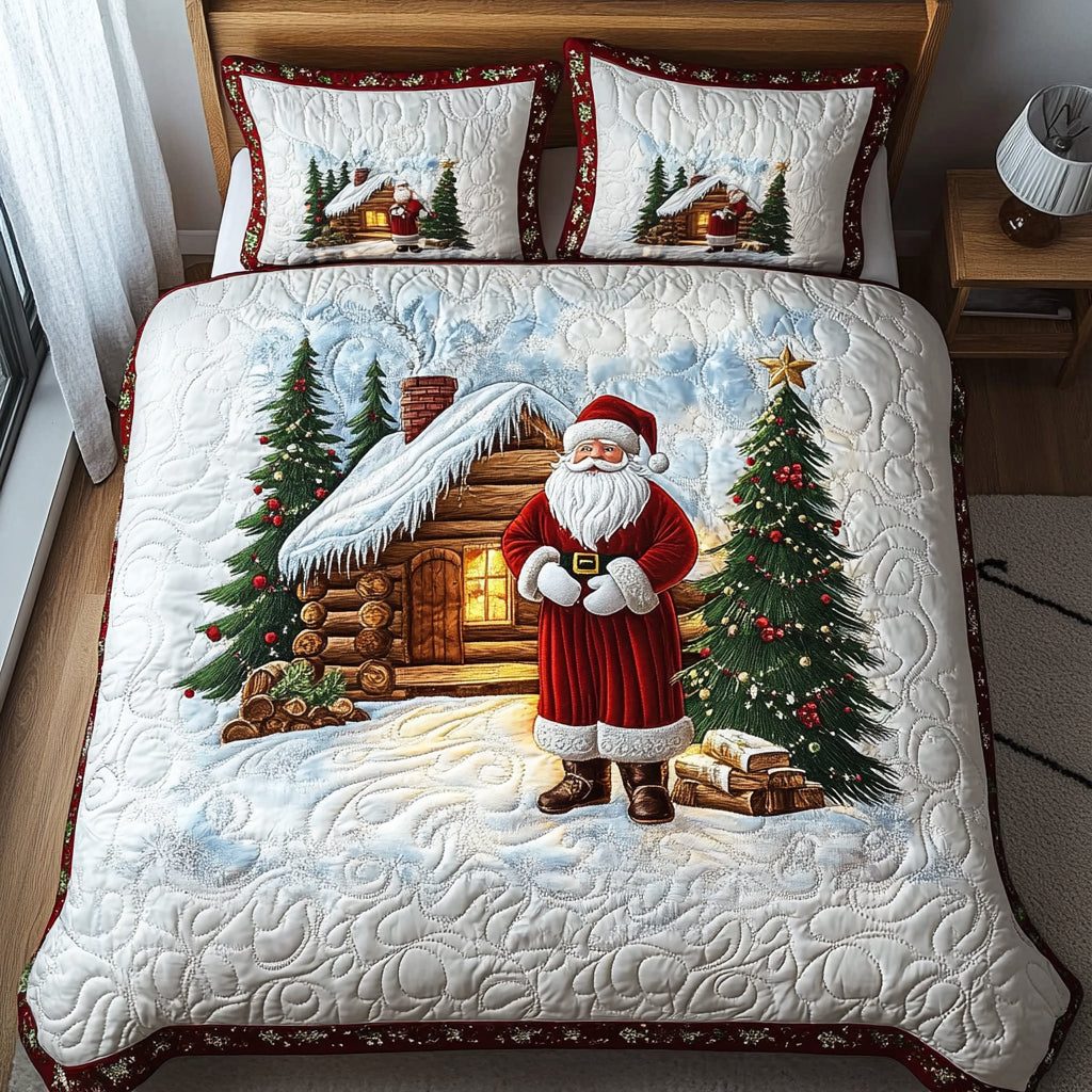Santa Journey quilted 3-piece bedding set on a made bed in a winter-styled bedroom