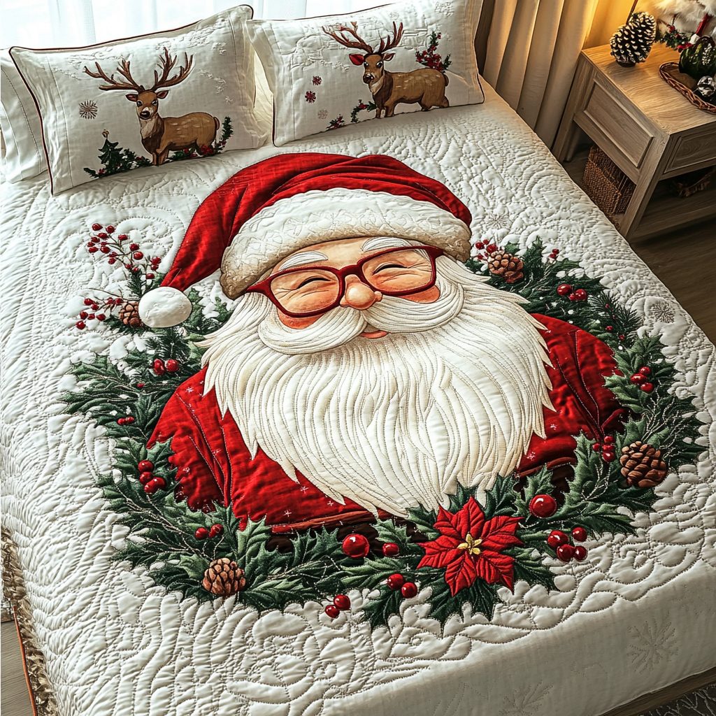 Santa Joy quilted 3-piece bedding set on a made bed in a winter-styled bedroom