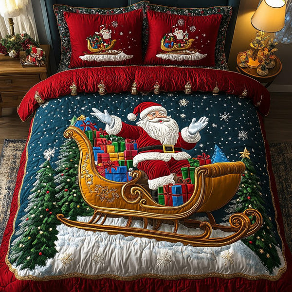 Santa Joy quilted 3-piece bedding set on a made bed in a winter-styled bedroom