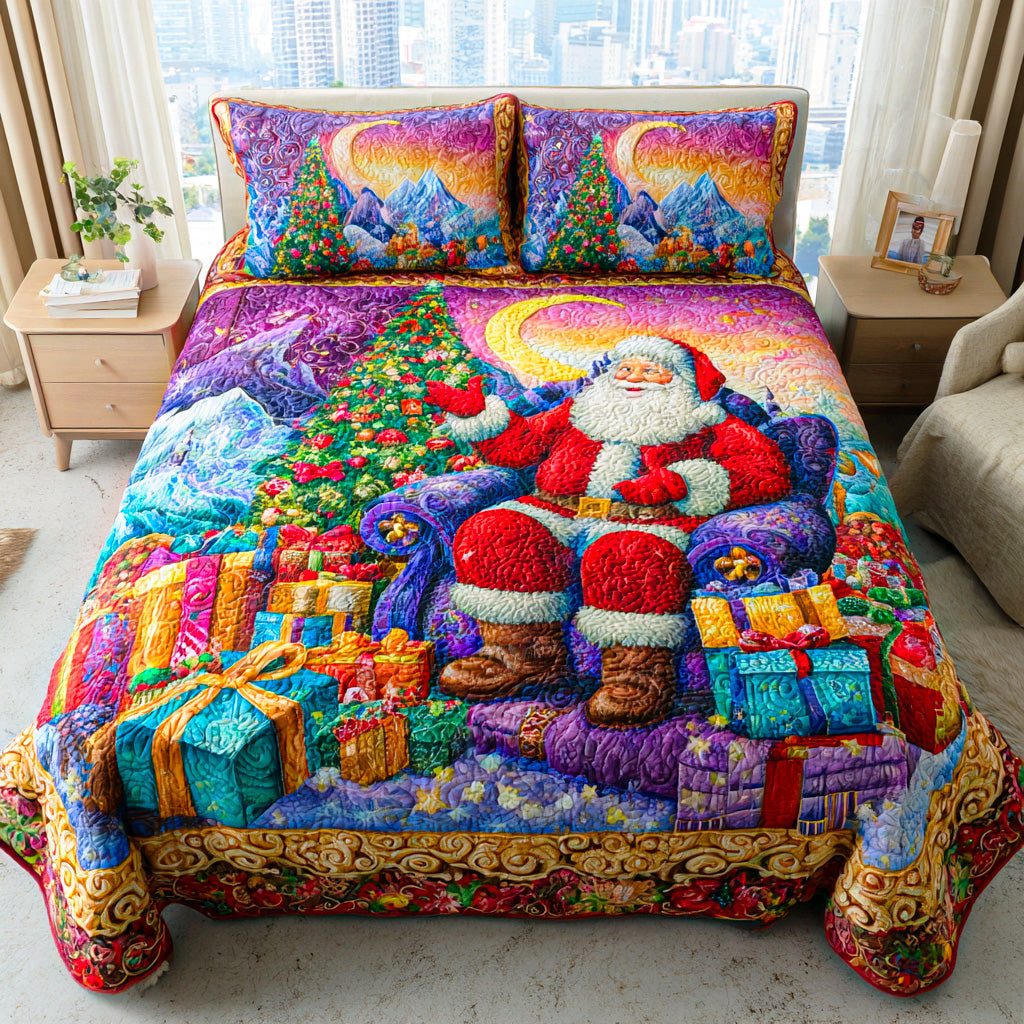 Santa Joy Ride quilted 3-piece bedding set on a made bed in a winter-styled bedroom