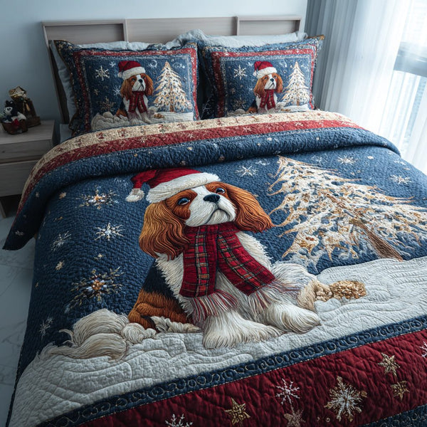 Santa King Charles quilted 3-piece bedding set on a made bed in a winter-styled bedroom