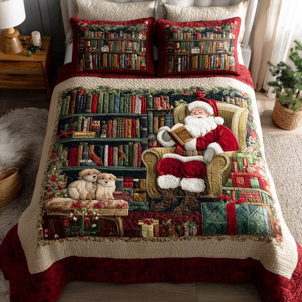 Santa Library quilted 3-piece bedding set on a made bed in a winter-styled bedroom