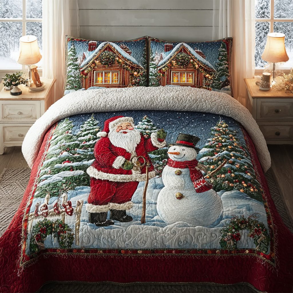 Santa Lights quilted 3-piece bedding set on a made bed in a winter-styled bedroom