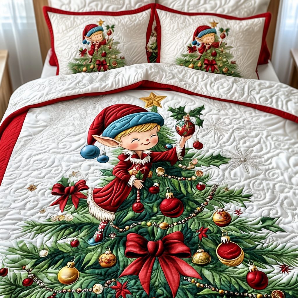 Santa Little Helper quilted 3-piece bedding set on a made bed in a winter-styled bedroom