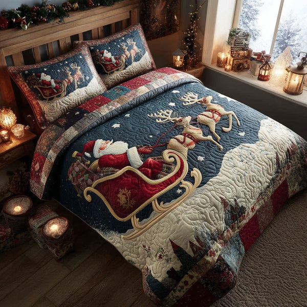 Santa Magic Night quilted 3-piece bedding set on a made bed in a winter-styled bedroom