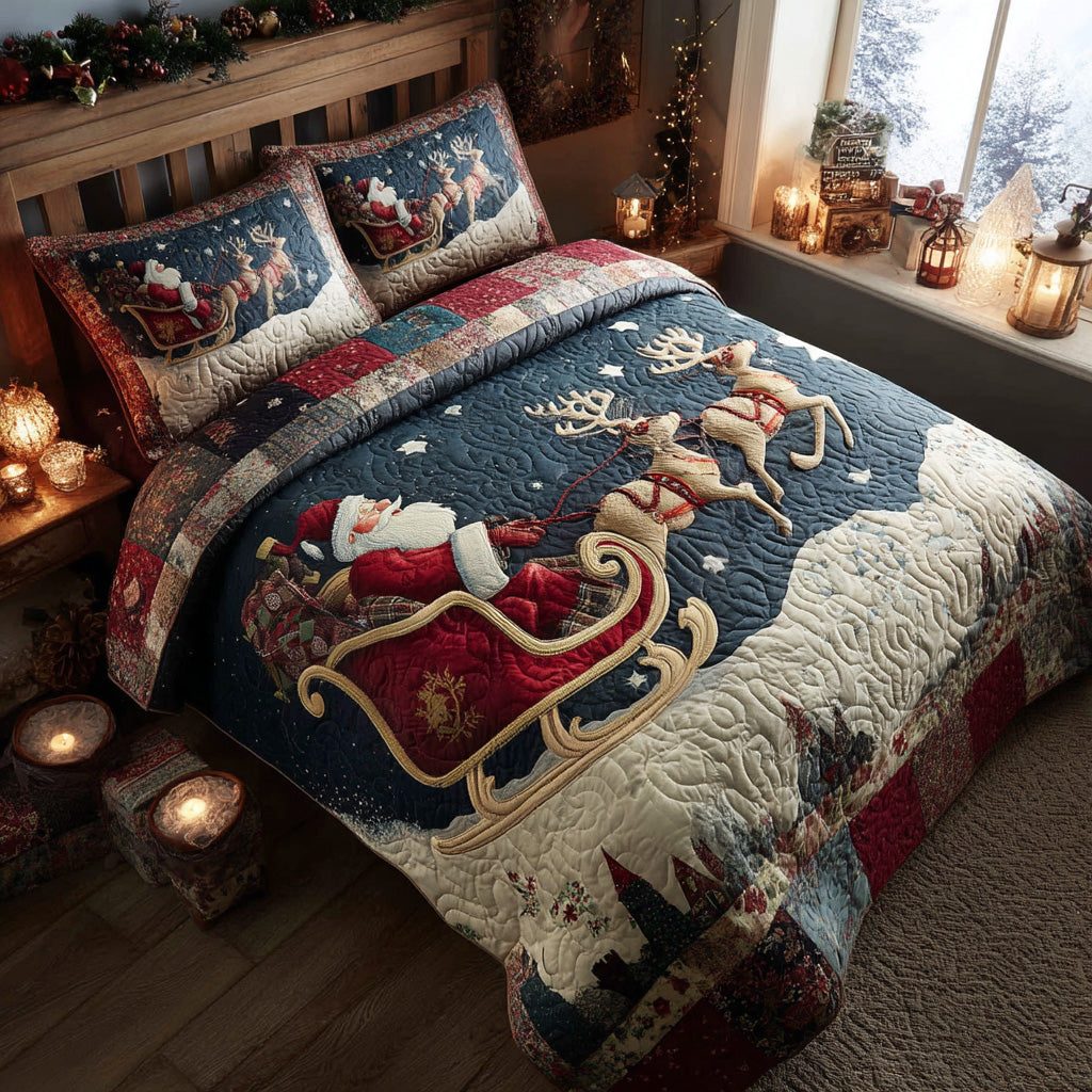 Santa Magic Night quilted 3-piece bedding set on a made bed in a winter-styled bedroom