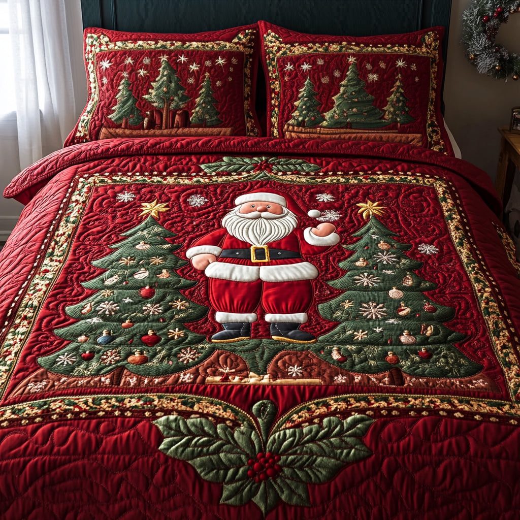 Santa Magic quilted 3-piece bedding set on a made bed in a winter-styled bedroom