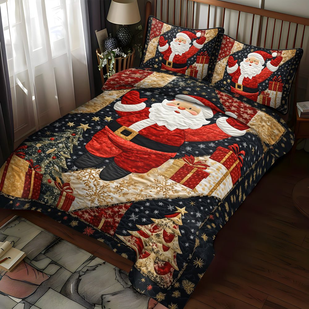 Santa Merry Magic quilted 3-piece bedding set on a made bed in a winter-styled bedroom