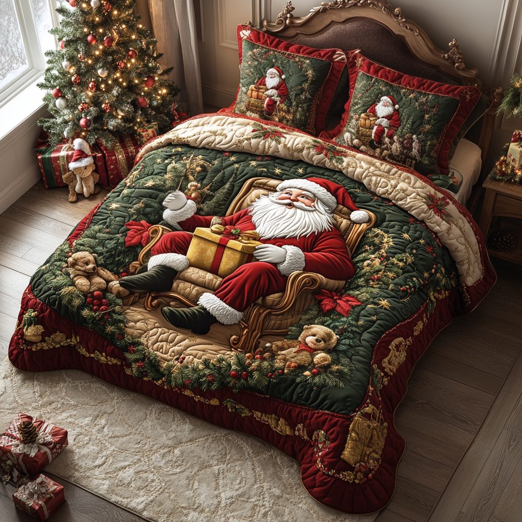 Santa Moment quilted 3-piece bedding set on a made bed in a winter-styled bedroom