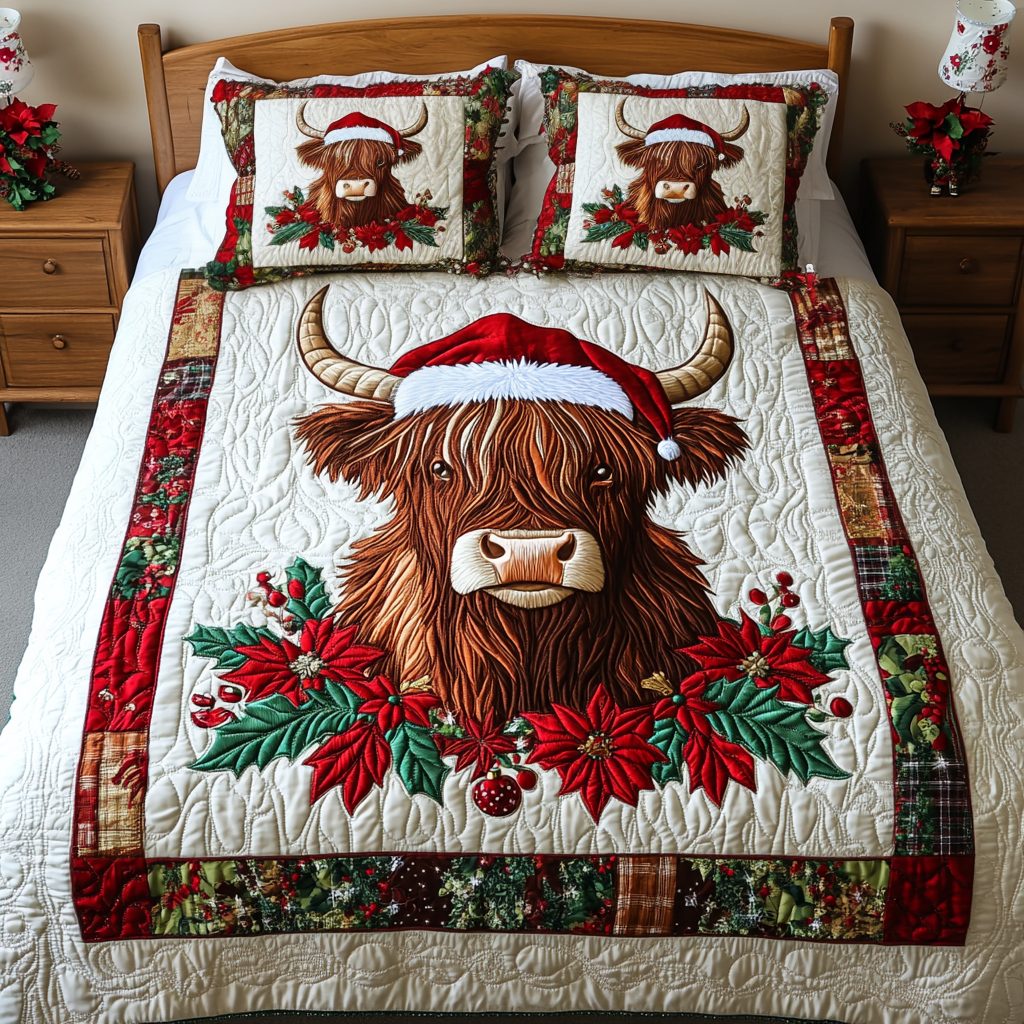 Santa Moo quilted 3-piece bedding set on a made bed in a winter-styled bedroom