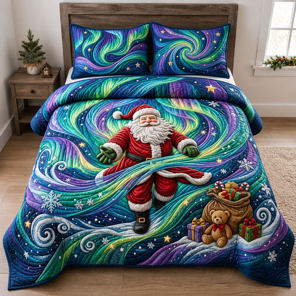 Santa Northern Lights quilted 3-piece bedding set on a made bed in a winter-styled bedroom