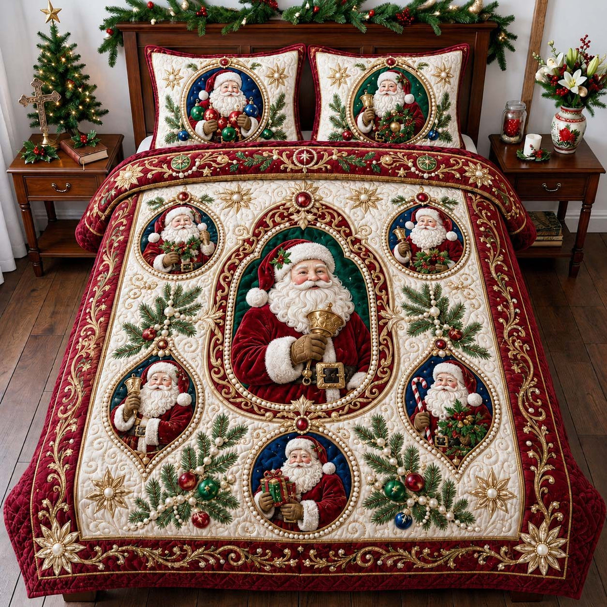 Santa Ornament quilted 3-piece bedding set on a made bed in a winter-styled bedroom