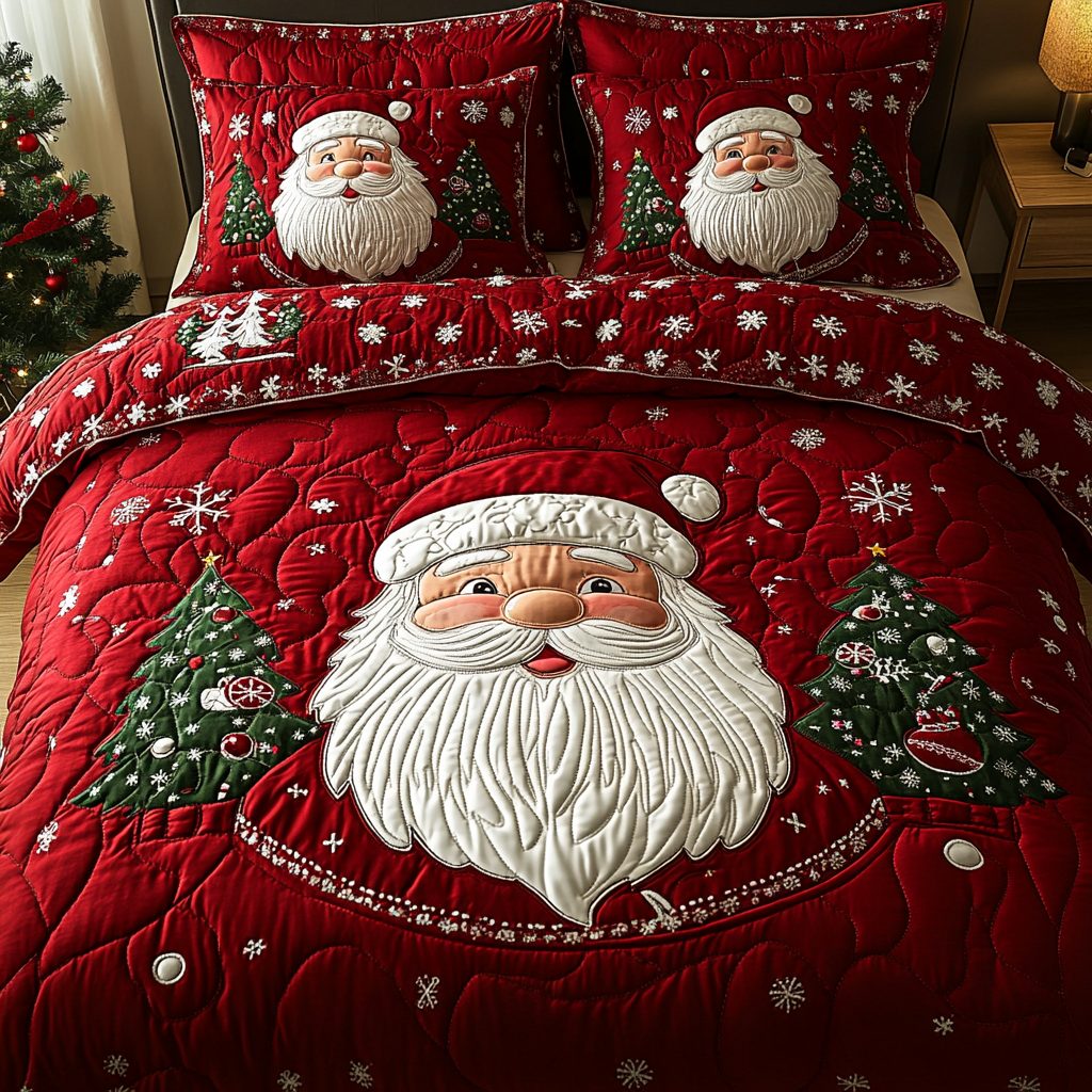 Santa quilted 3-piece bedding set on a made bed in a winter-styled bedroom