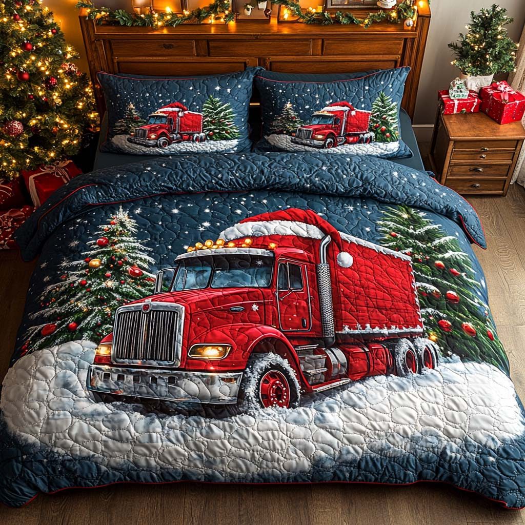 Santa Red Express quilted 3-piece bedding set on a made bed in a winter-styled bedroom