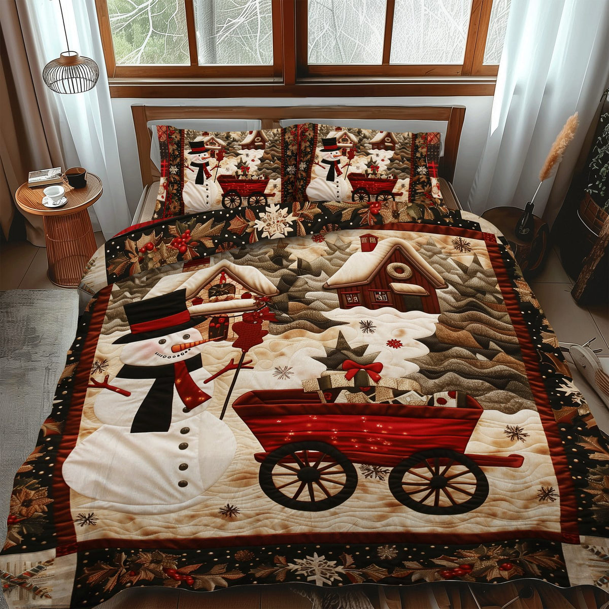 Santa's Festive Village quilted 3-piece bedding set on a made bed in a winter-styled bedroom