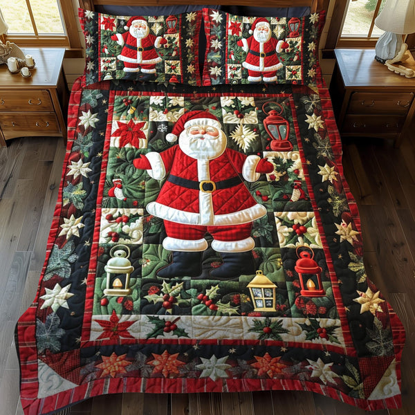 Santa's Workshop quilted 3-piece bedding set on a made bed in a winter-styled bedroom