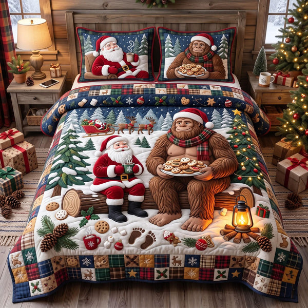 Santa Sasquatch quilted 3-piece bedding set on a made bed in a winter-styled bedroom