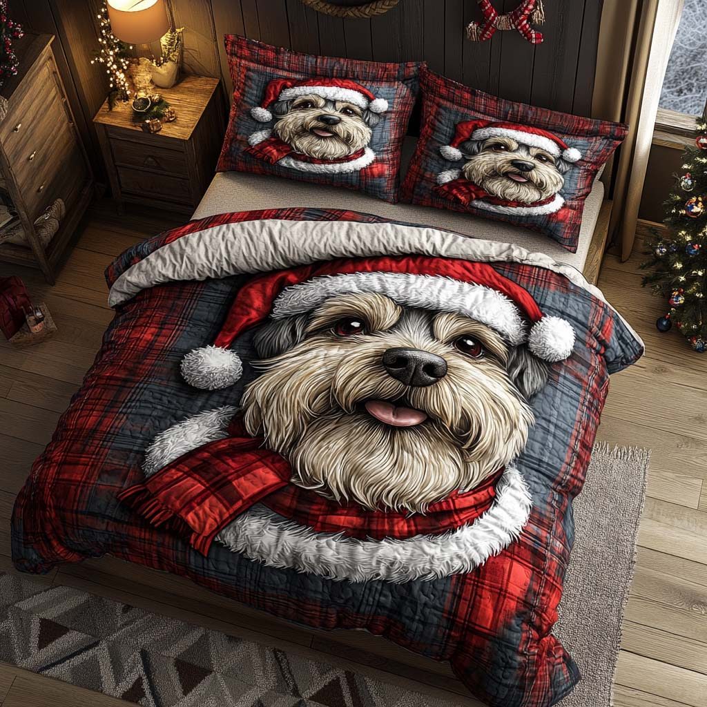 Santa Schnauzer Cheer quilted 3-piece bedding set on a made bed in a winter-styled bedroom