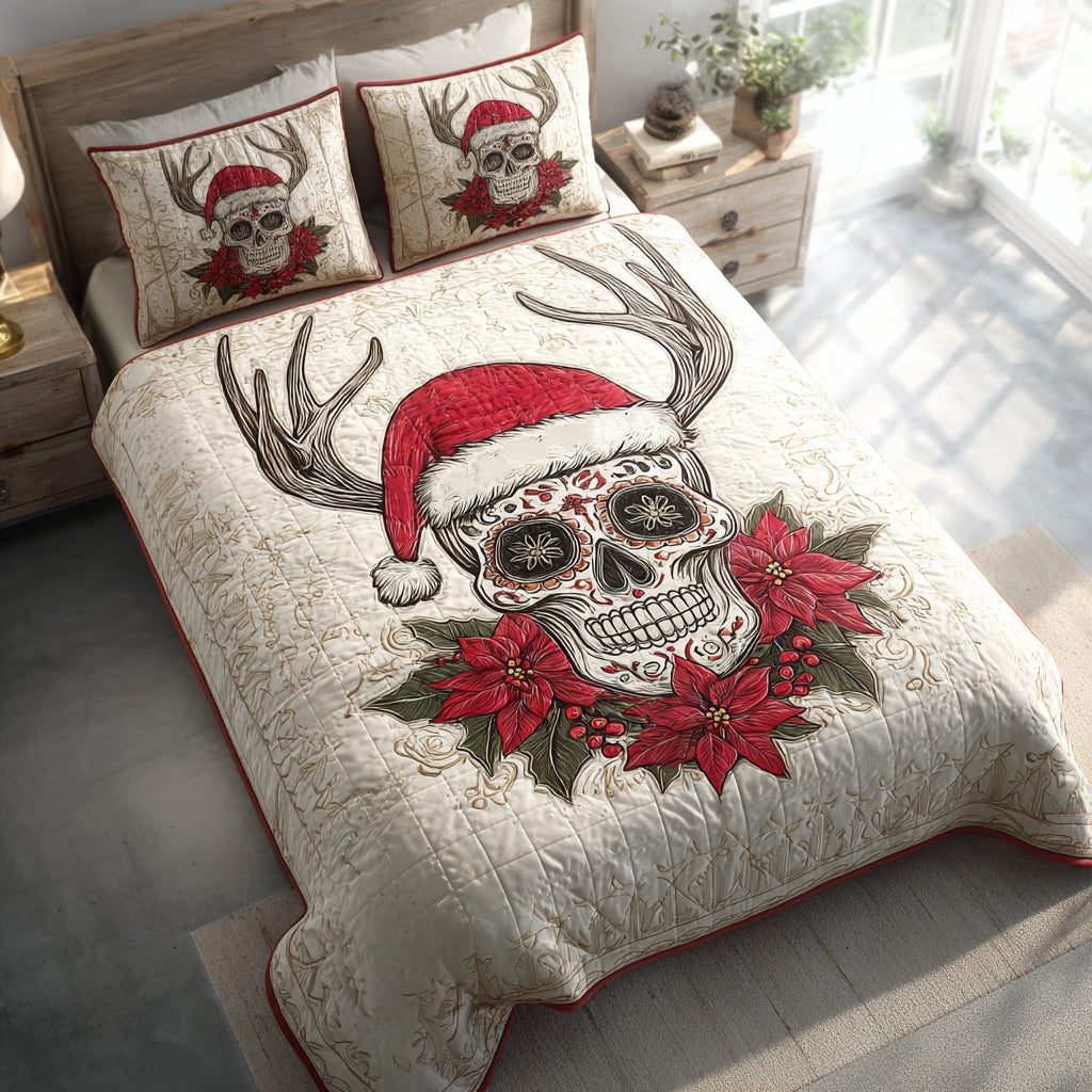 Santa Skull Sugar quilted 3-piece bedding set on a made bed in a winter-styled bedroom