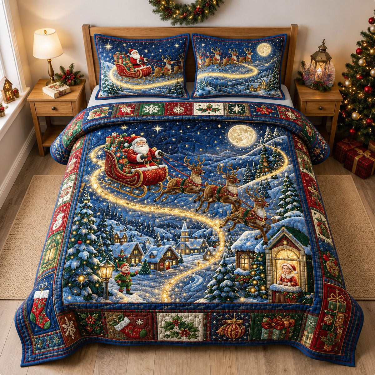 Santa Sleigh Christmas Night quilted 3-piece bedding set on a made bed in a winter-styled bedroom