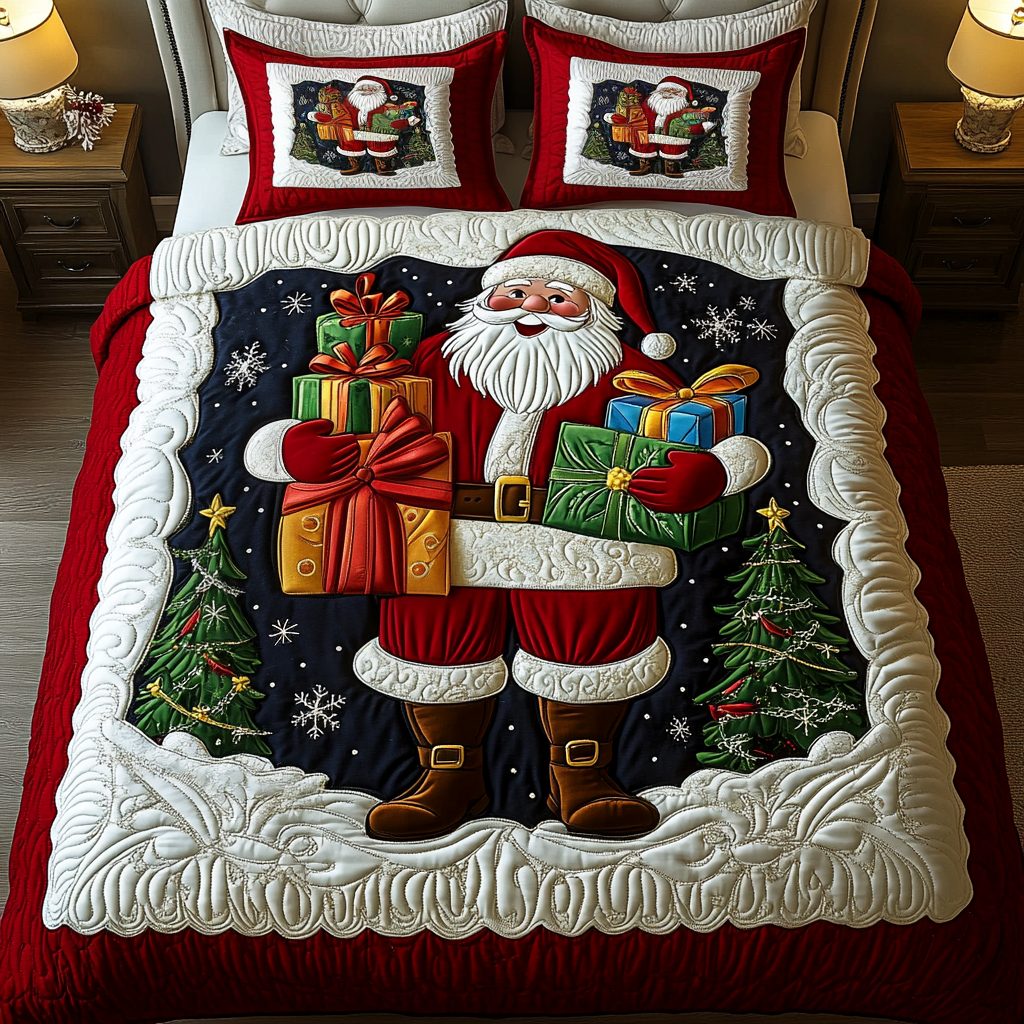 Santa Sleigh quilted 3-piece bedding set on a made bed in a winter-styled bedroom