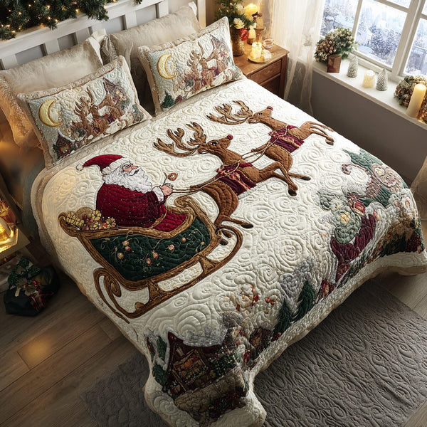Santa Sleigh Ride quilted 3-piece bedding set on a made bed in a winter-styled bedroom