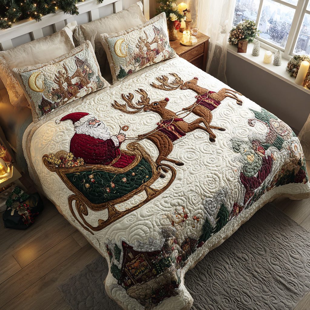 Santa Sleigh Ride quilted 3-piece bedding set on a made bed in a winter-styled bedroom