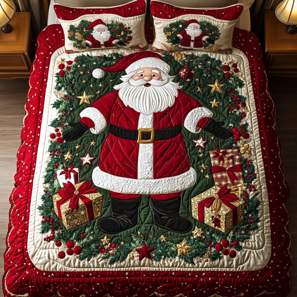 Santa Snooze quilted 3-piece bedding set on a made bed in a winter-styled bedroom