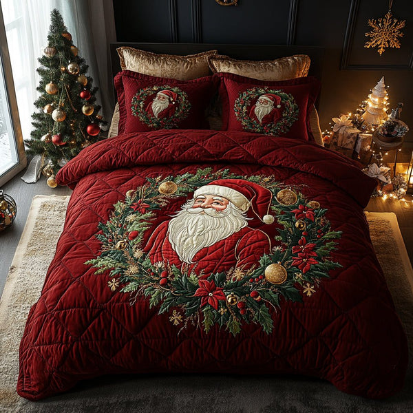 Santa Spirit quilted 3-piece bedding set on a made bed in a winter-styled bedroom