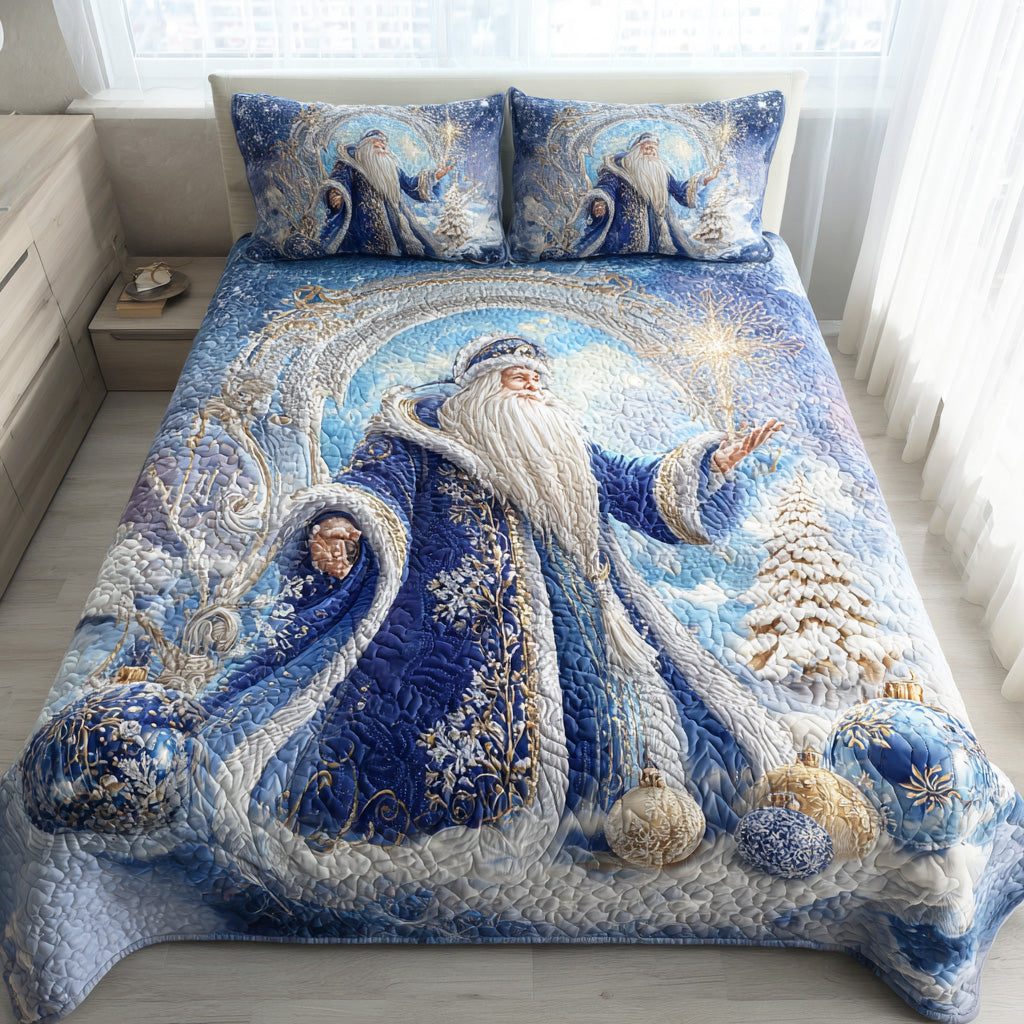 Santa Star Magic quilted 3-piece bedding set on a made bed in a winter-styled bedroom