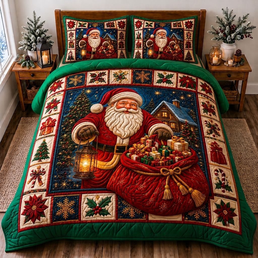 Santa Starlight Wishes quilted 3-piece bedding set on a made bed in a winter-styled bedroom