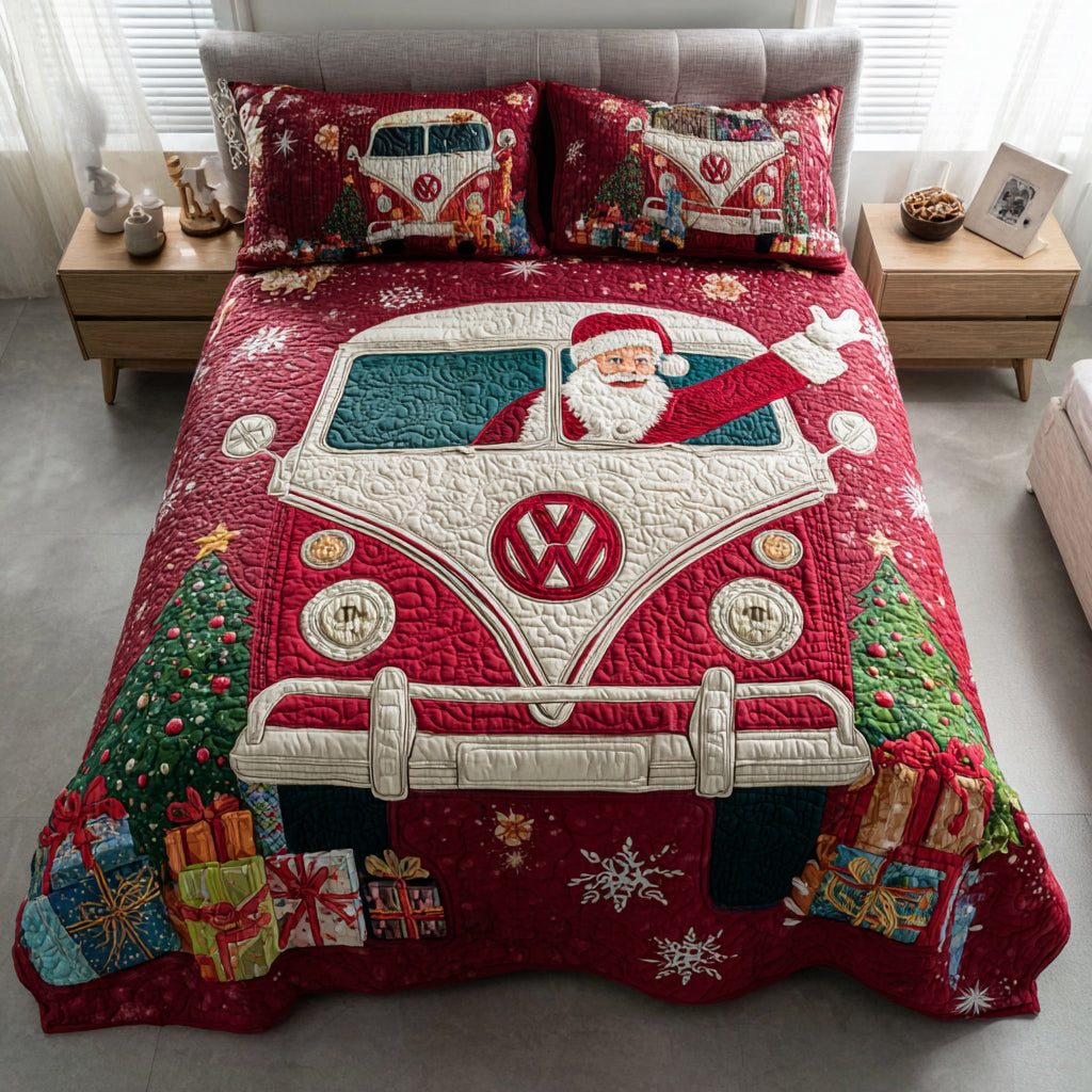 Santa Van Christmas quilted 3-piece bedding set on a made bed in a winter-styled bedroom