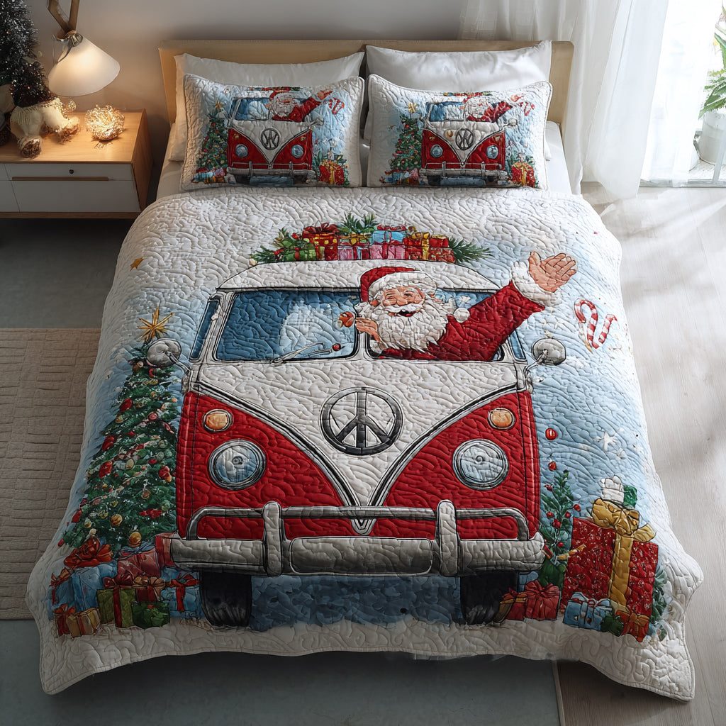 Santa Van Peace quilted 3-piece bedding set on a made bed in a winter-styled bedroom