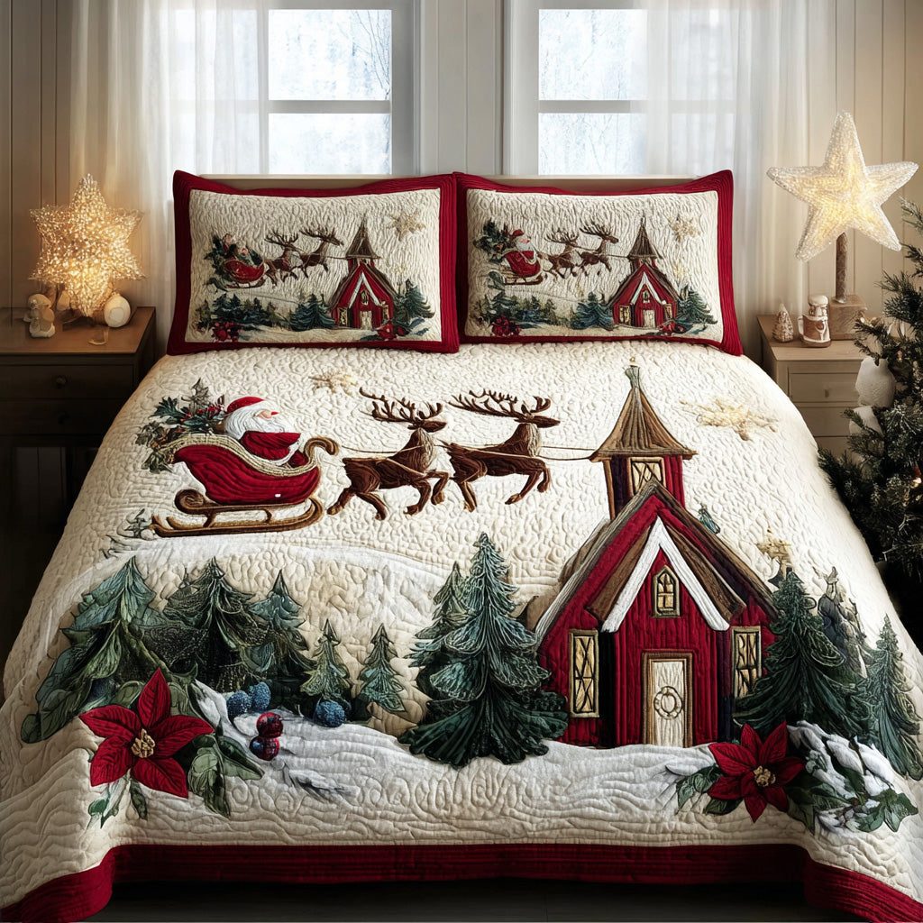Santa Voyage quilted 3-piece bedding set on a made bed in a winter-styled bedroom