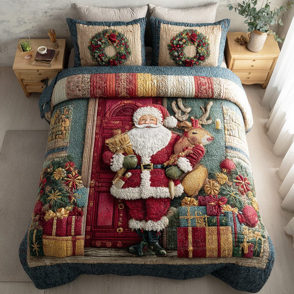 Santa Warm Welcome quilted 3-piece bedding set on a made bed in a winter-styled bedroom