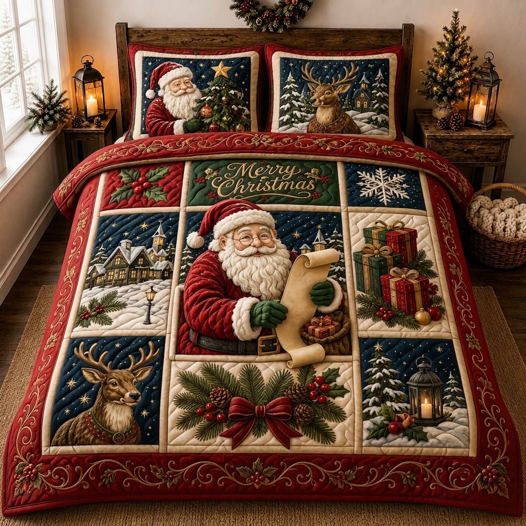 Santa Winter Magic quilted 3-piece bedding set on a made bed in a winter-styled bedroom