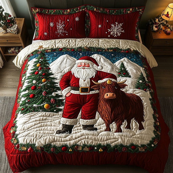 Santa Wish quilted 3-piece bedding set on a made bed in a winter-styled bedroom