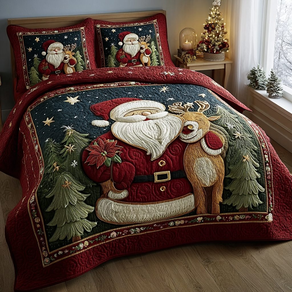 Santa Wonder quilted 3-piece bedding set on a made bed in a winter-styled bedroom