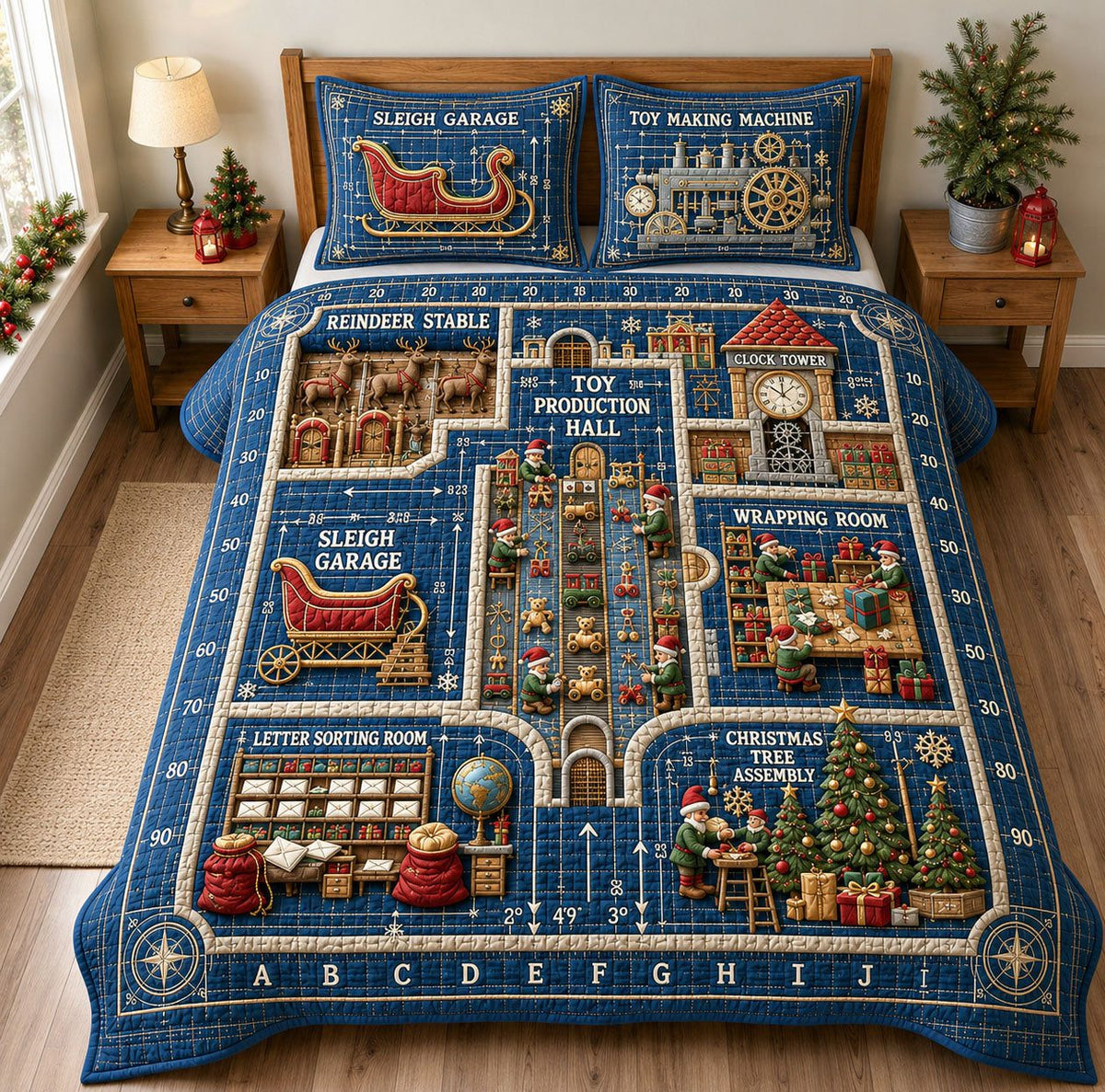 Santa Workshop Blueprint quilted 3-piece bedding set on a made bed in a winter-styled bedroom