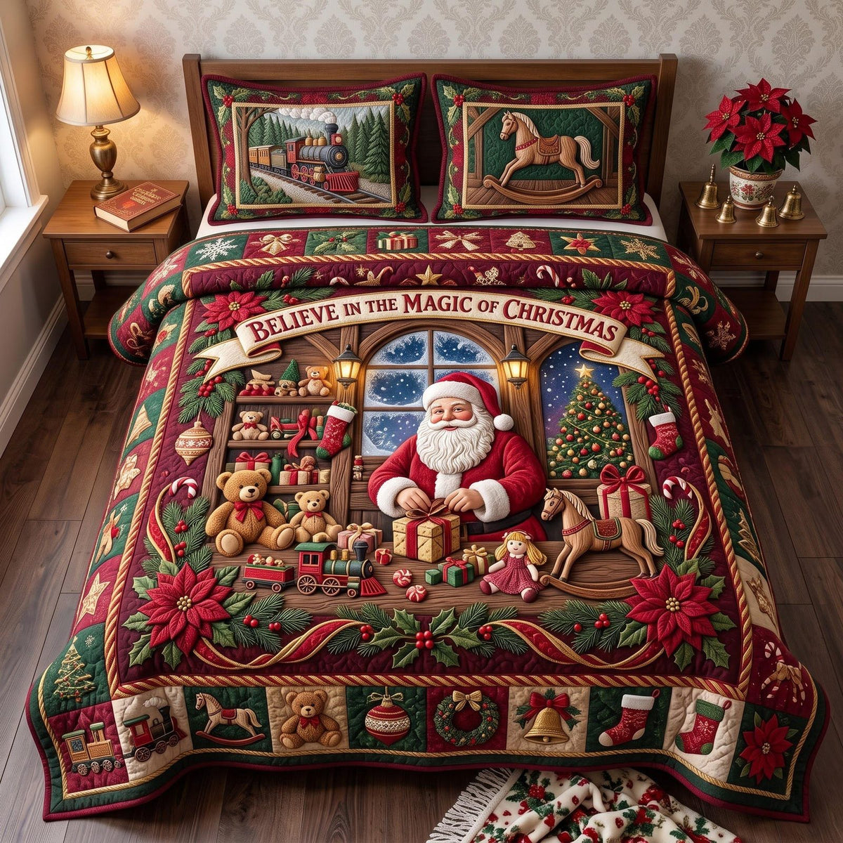 Santa Workshop quilted 3-piece bedding set on a made bed in a winter-styled bedroom