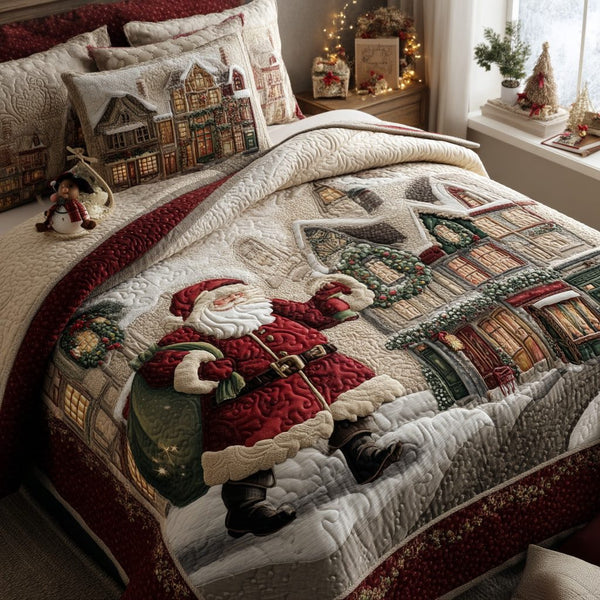 Santa Workshop quilted 3-piece bedding set on a made bed in a winter-styled bedroom