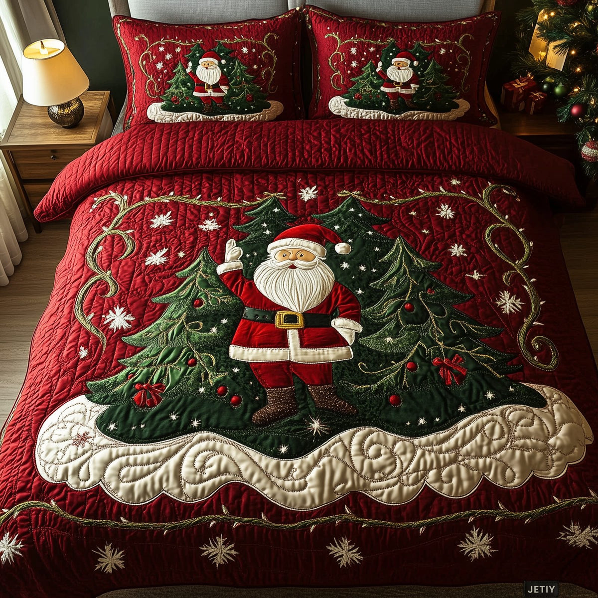 Santa Workshop Wonder quilted 3-piece bedding set on a made bed in a winter-styled bedroom