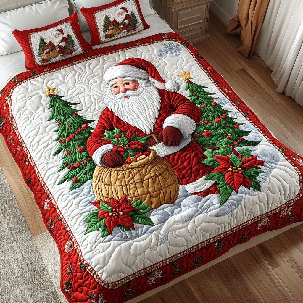 Santas Hearthside Magic quilted 3-piece bedding set on a made bed in a winter-styled bedroom
