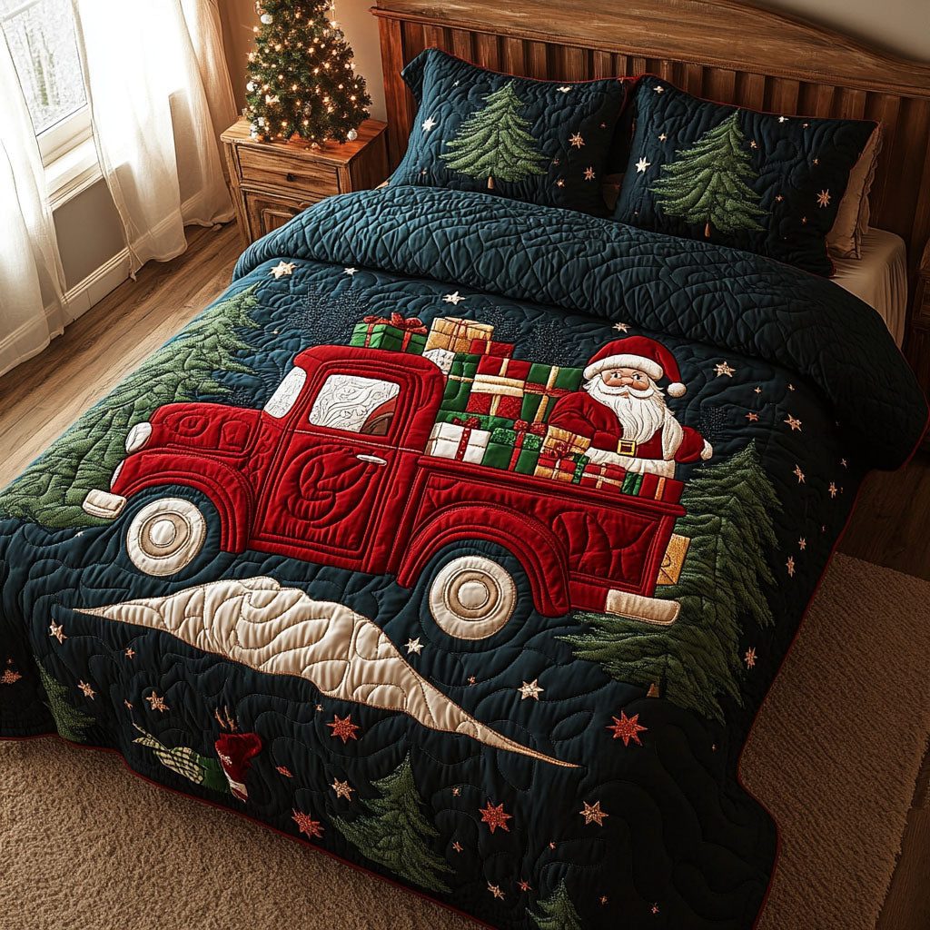 Santas Holiday Ride quilted 3-piece bedding set on a made bed in a winter-styled bedroom