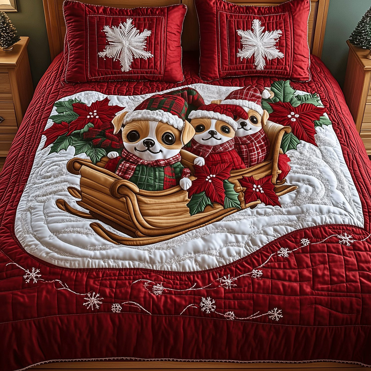 Santas Little Chis quilted 3-piece bedding set on a made bed in a winter-styled bedroom