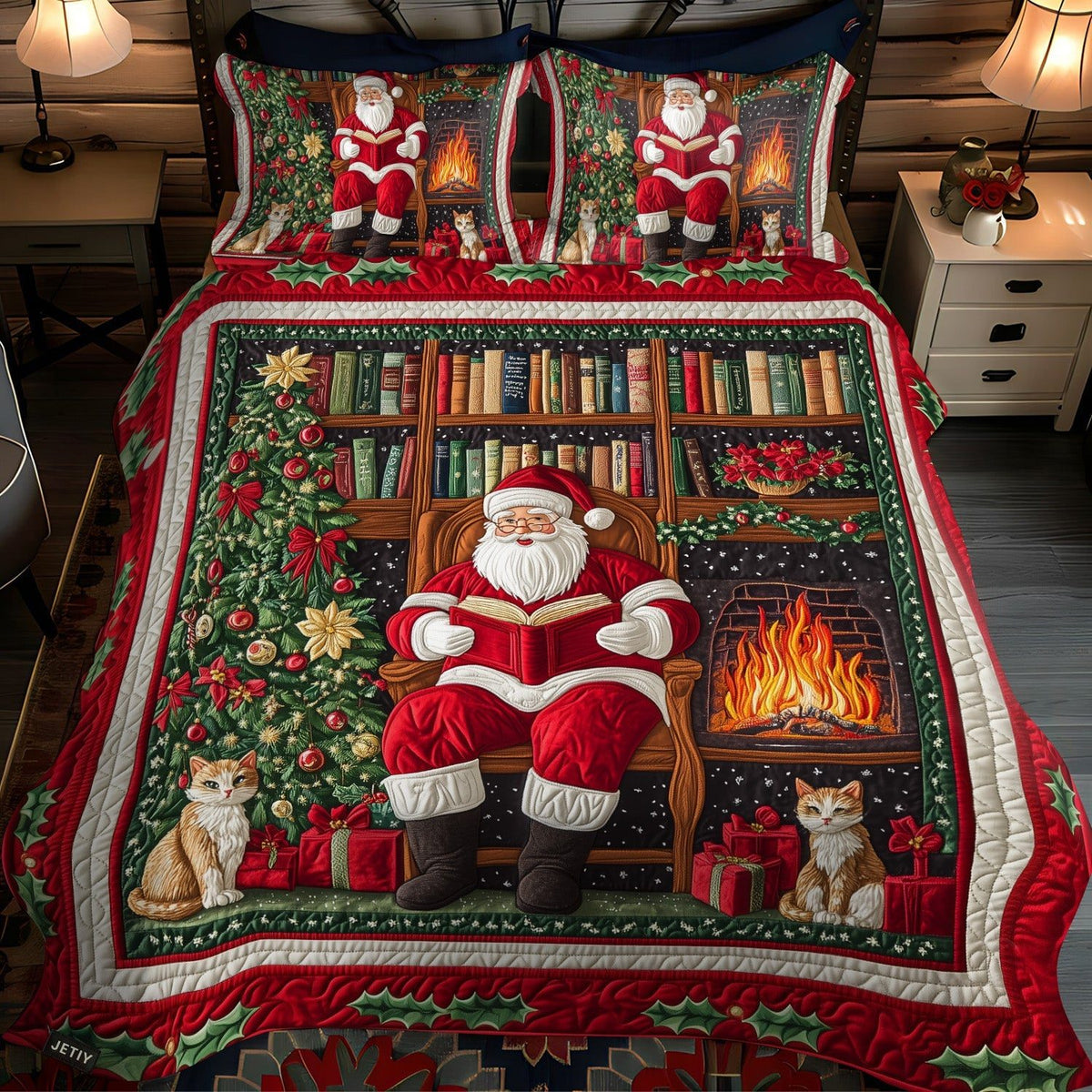 Santas Storytime Delight quilted 3-piece bedding set on a made bed in a winter-styled bedroom