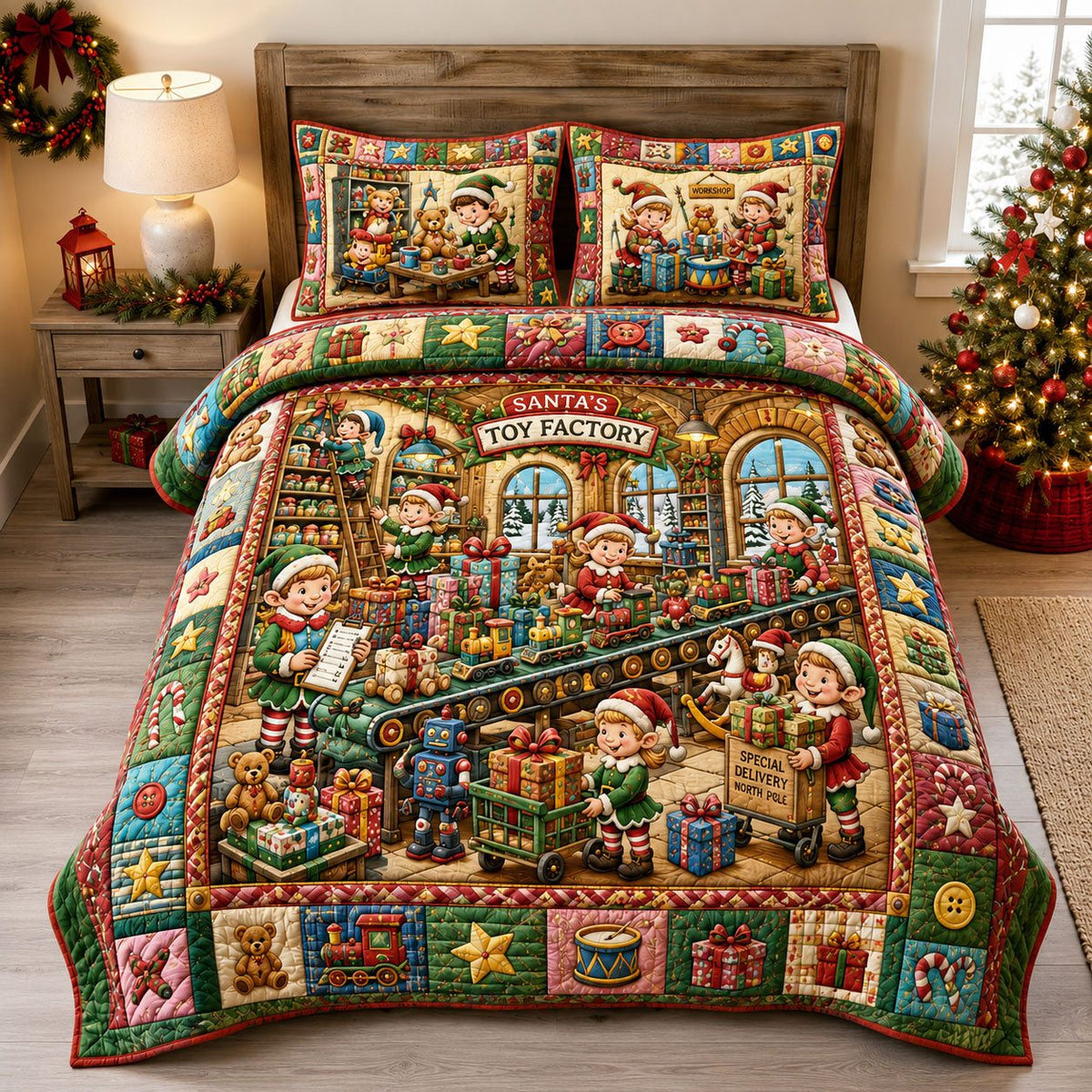 Santas Toy Factory quilted 3-piece bedding set on a made bed in a winter-styled bedroom