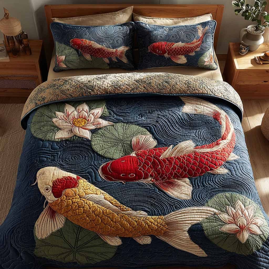 Sapphire Pond quilted 3-piece bedding set on a made bed with two matching pillow shams