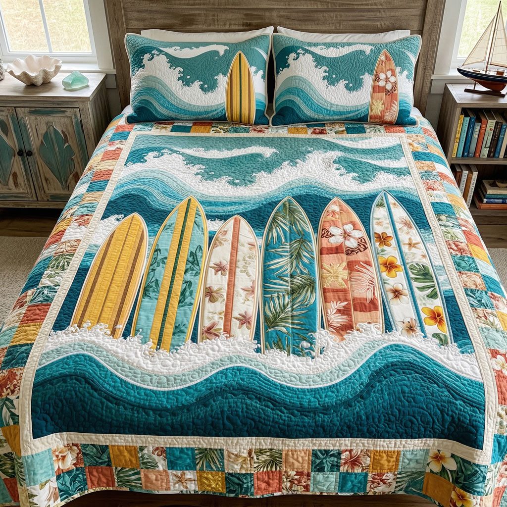 Sapphire Sea quilted 3-piece bedding set on a made bed in a light coastal bedroom