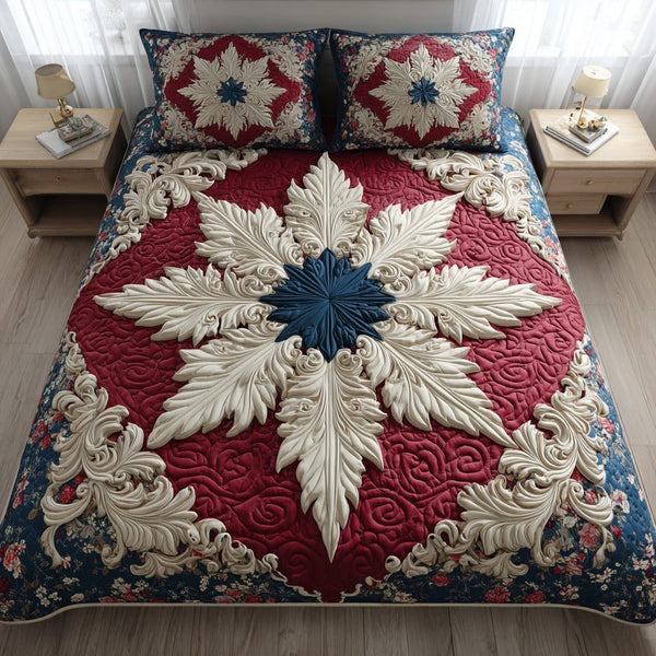 Sapphire Snowflake Scroll quilted 3-piece bedding set on a made bed in a winter-styled bedroom